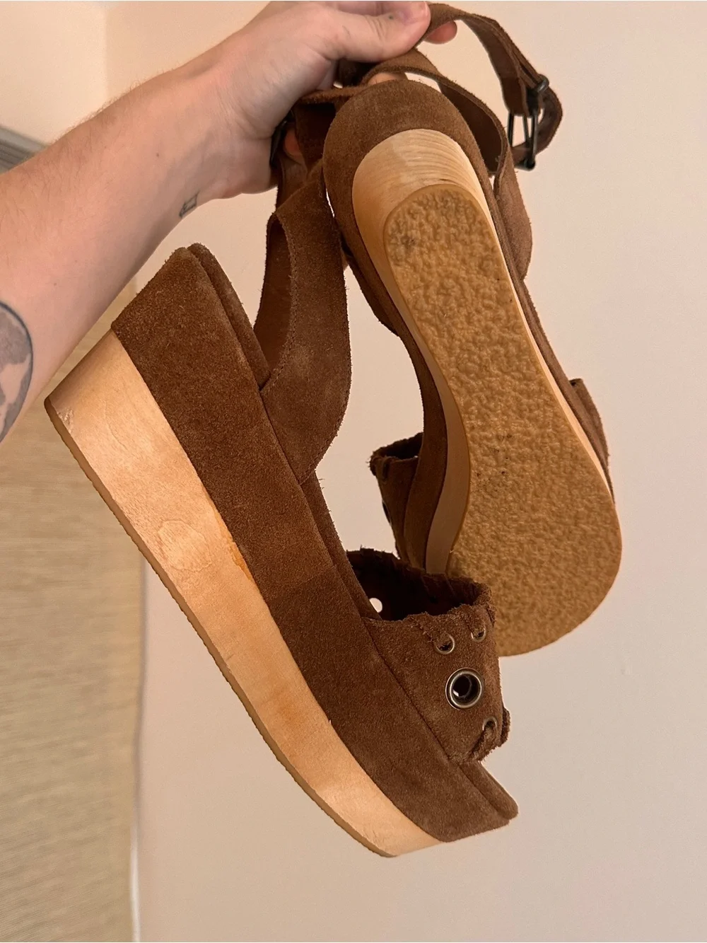 AllSaints Brown Suede‎ Yuki Boho Wooden Platform Sandals (EU 38)